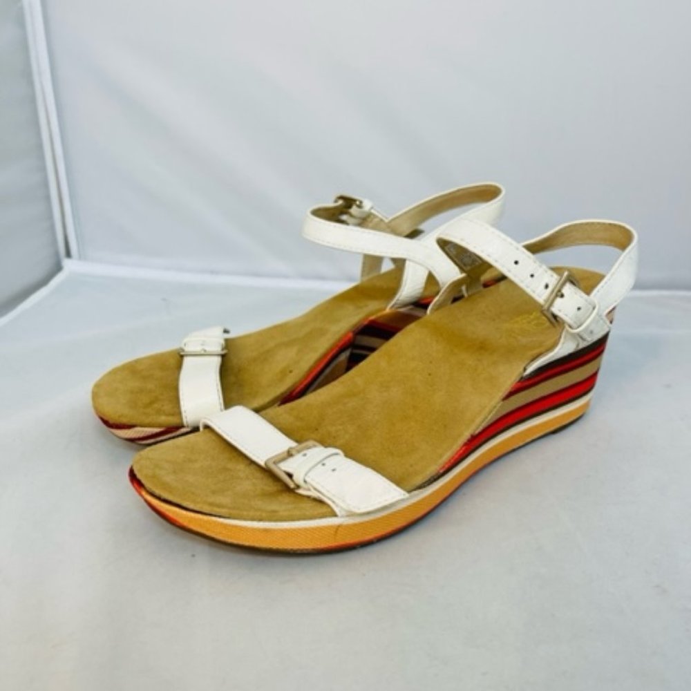 VIONIC Enisa Sandals White Leather Striped Wedge Buckle Strap Open Toe Women’s 8